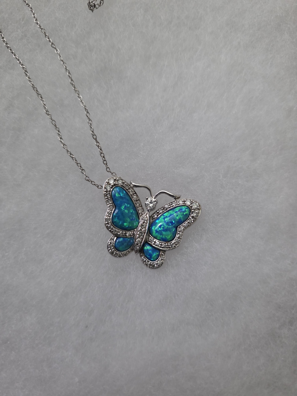 Sterling Silver Butterfly Pendant Necklace with Blue-Green Opal Inlay
